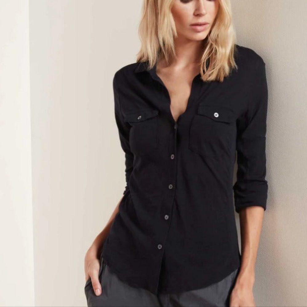 James Perse Black 3/4 Sleeve Contrast Panel V Neck Button Down Shirt Medium